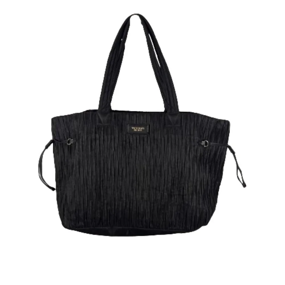 Victoria's Secret Womens Tote Bag Crinkle Nylon‎ Black Travel Vacation Weekend